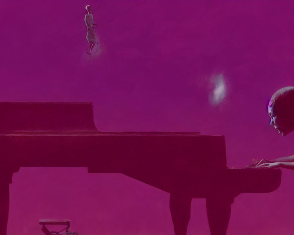 Surreal purple-toned image: Figure on wire above oversized baby playing piano