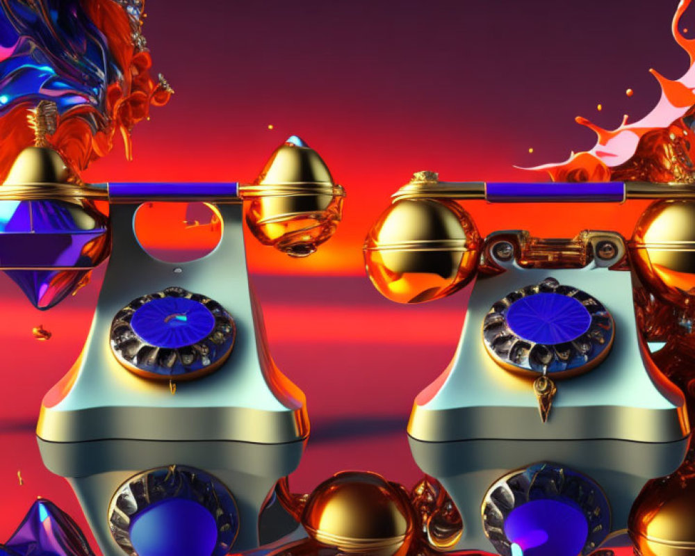 Vibrant 3D Artwork: Gold & Silver Vintage Phones, Liquid Flames, Red &