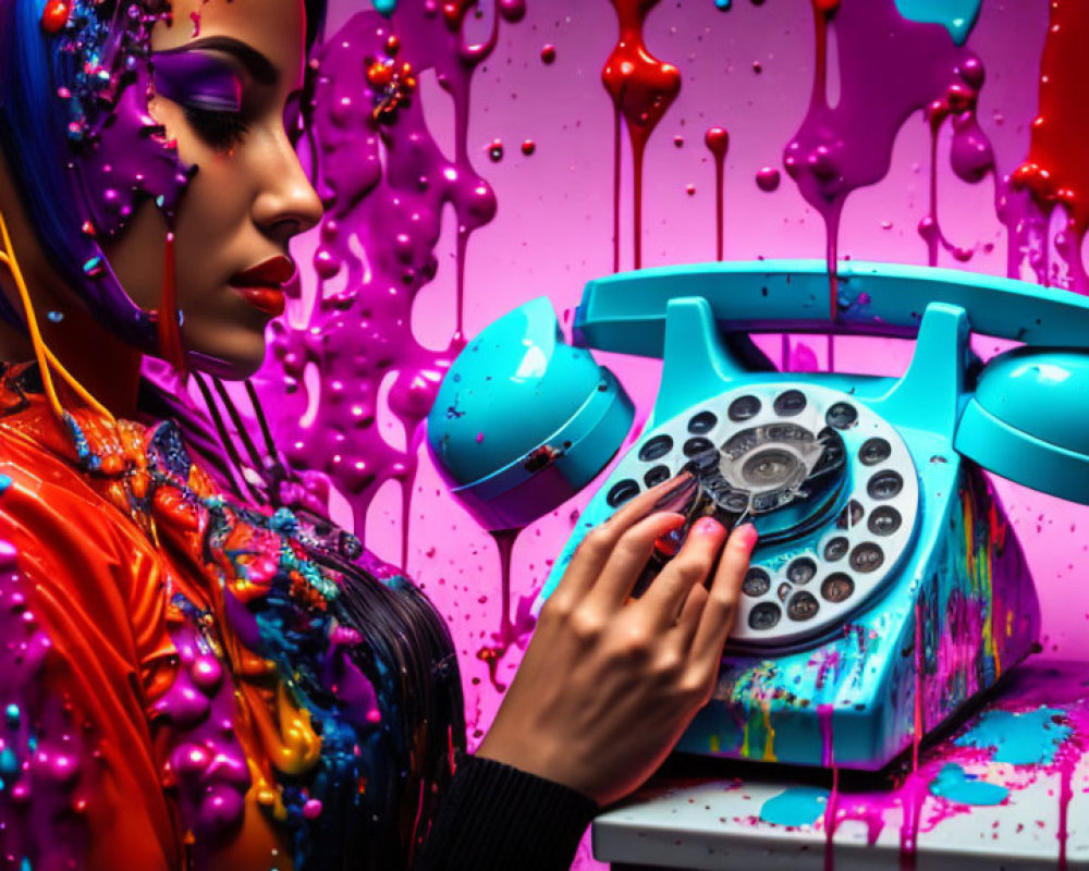 Colorful makeup woman with retro turquoise telephone in dynamic paint splash