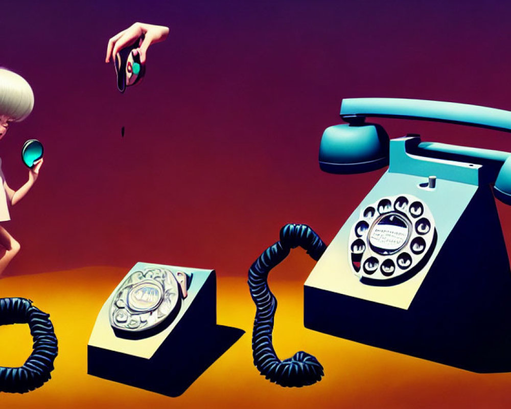 Surreal artwork featuring girl, floating hand, pill, and rotary phones