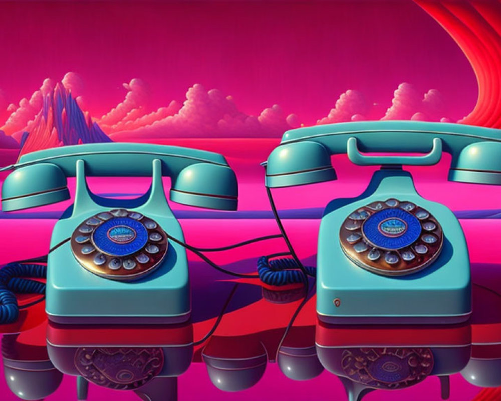 Vintage Rotary Phones Entangled in Surreal Pink Landscape