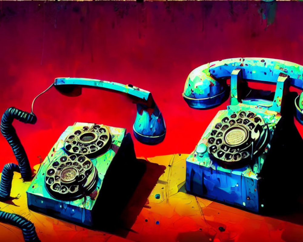 Colorful Vintage Rotary Phones Against Vibrant Red Background