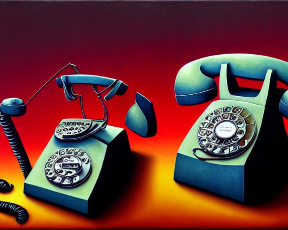 Vintage telephones with exaggerated features on gradient background, one receiver off hook with surreal drip.