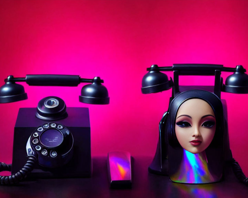 Vintage rotary phone and mannequin head with headset on pink backdrop showcase technology and fashion contrast.