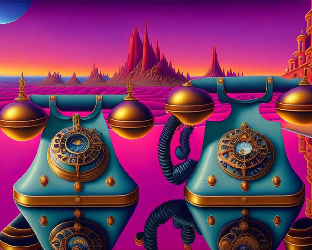 Surreal pink-purple landscape with ornate mechanical structures and grand castle against mountain backdrop