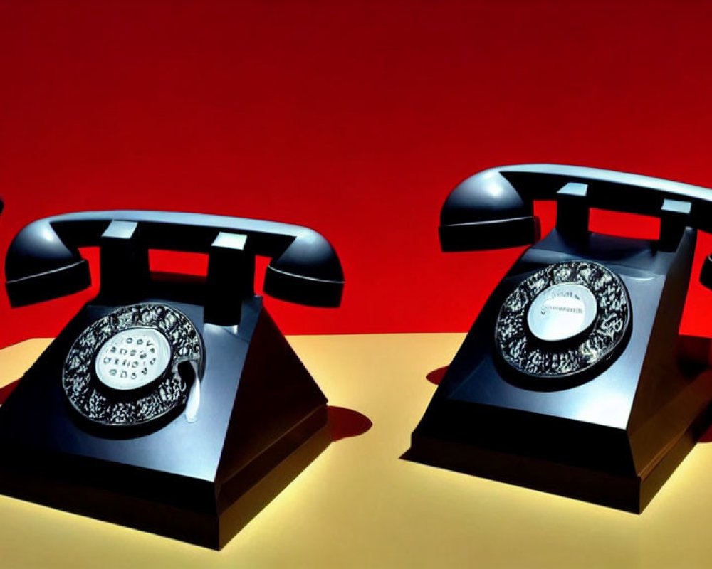 Vintage Black Rotary Telephones on Yellow Surface Against Red Background