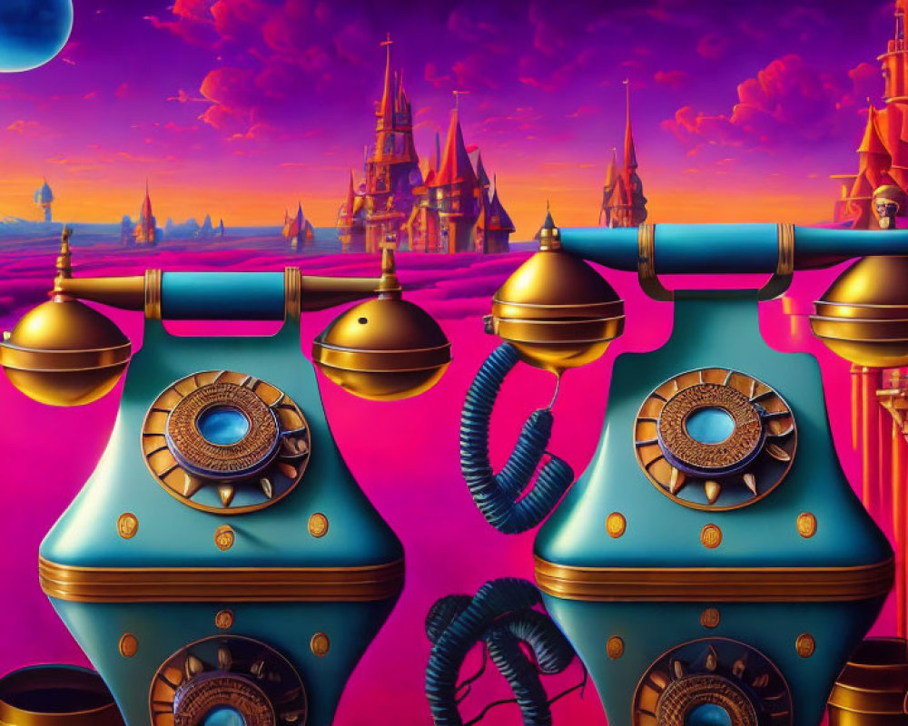 Whimsical surreal landscape with vintage-style phones and fantastical castles