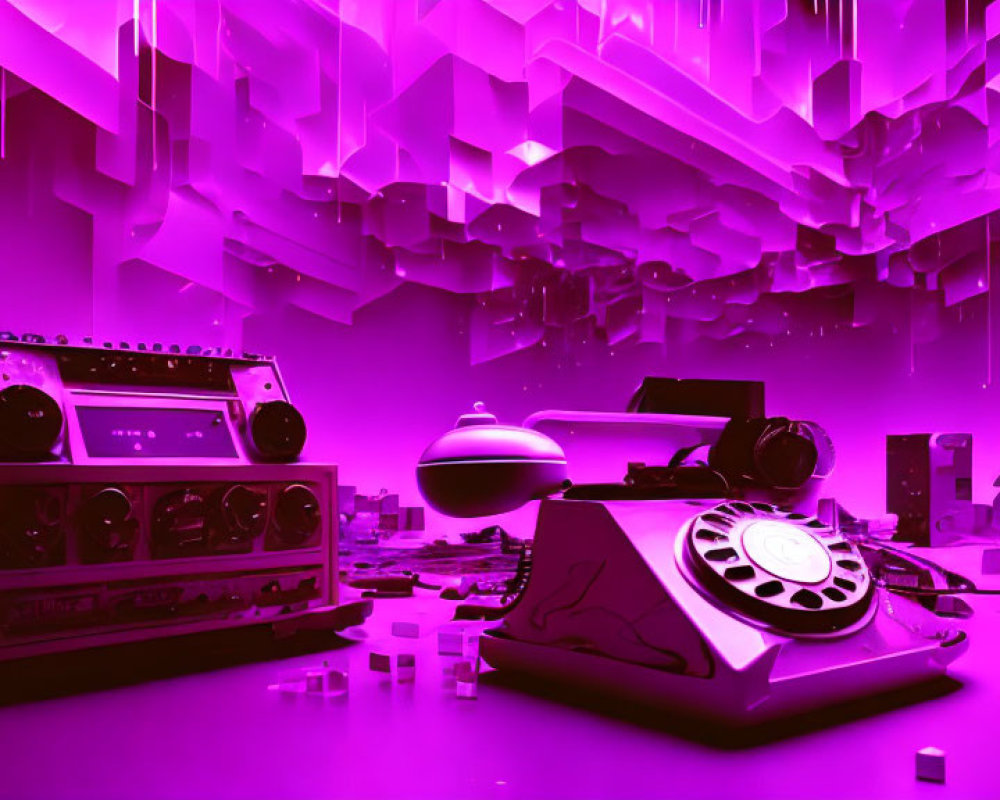 Vintage reel-to-reel tape recorder, rotary phone, and headphones on retro-futuristic pink-purple