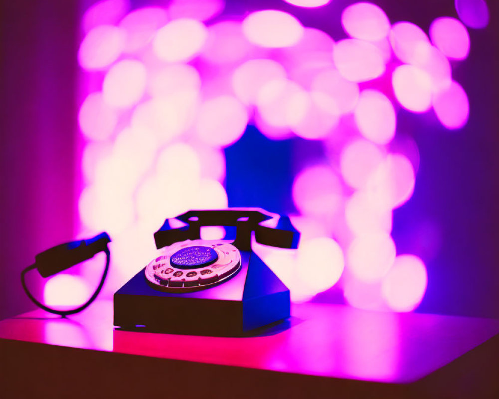 Vintage Rotary Telephone Off-Hook in Purple Light on Pink Bokeh