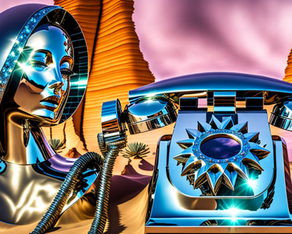 Metallic woman's head and vintage telephone in surreal desert scene