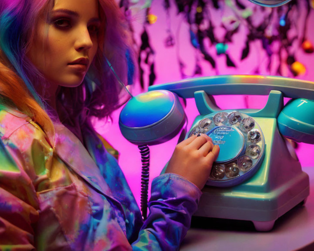 Colorful-Haired Person in Vibrant Room with Retro Telephone and Neon Lights