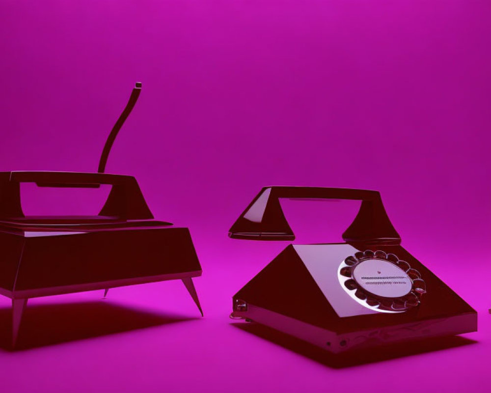 Vintage-style rotary dial telephone split in half against pink background