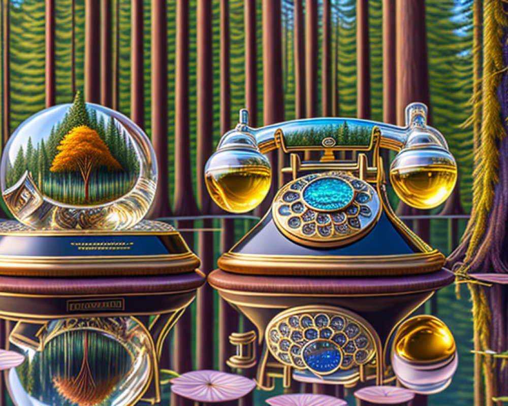 Vintage telephone and crystal ball in surreal forest setting