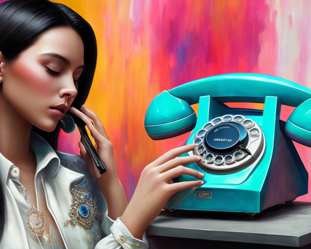 Sleek black hair woman with retro turquoise phone on abstract background