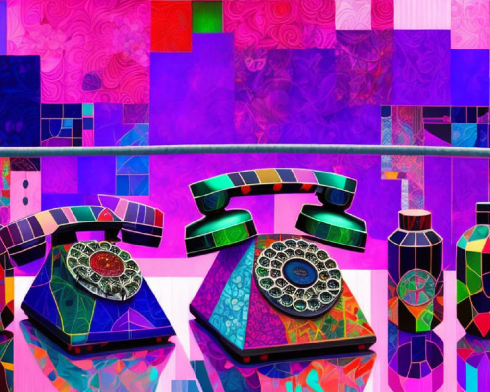 Colorful digital art: mosaic rotary telephones & ornate bottles on geometric backdrop