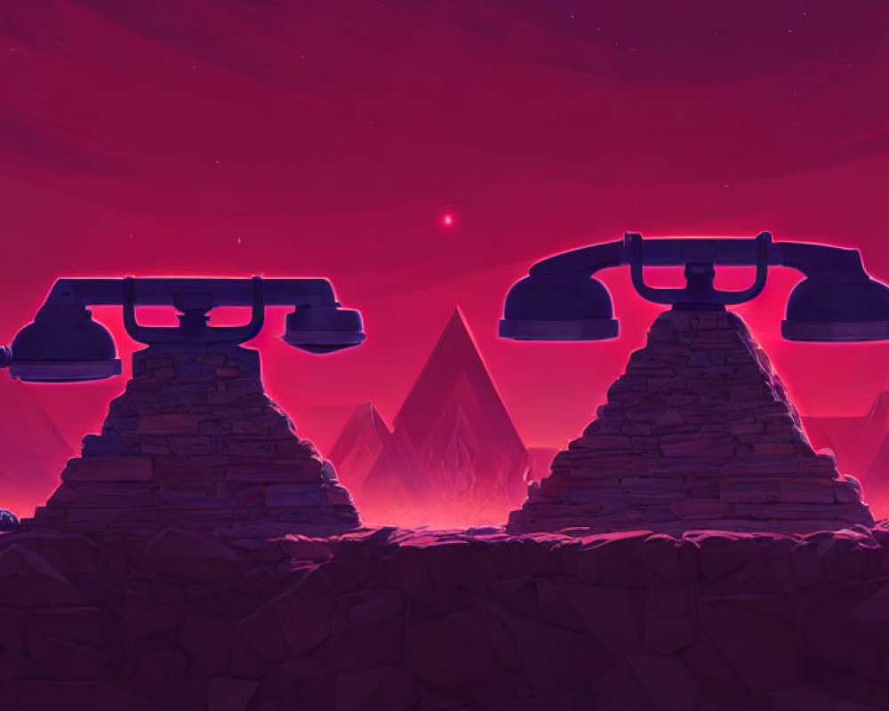 Vintage telephones on pyramid rocks under red sky with sun and mountains.