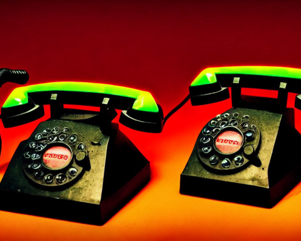 Vintage rotary dial telephones with glowing green handsets on red background.