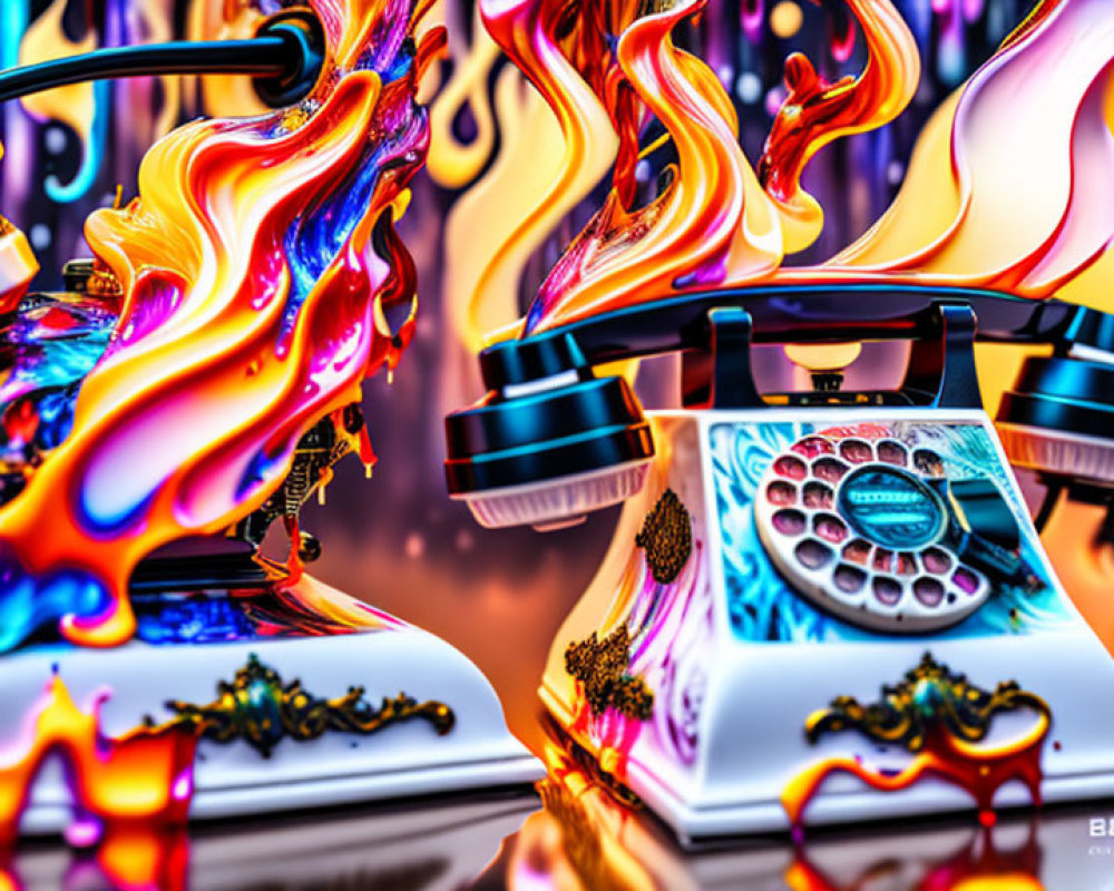 Vintage telephones in stylized flames on colorful abstract backdrop with mechanical elements