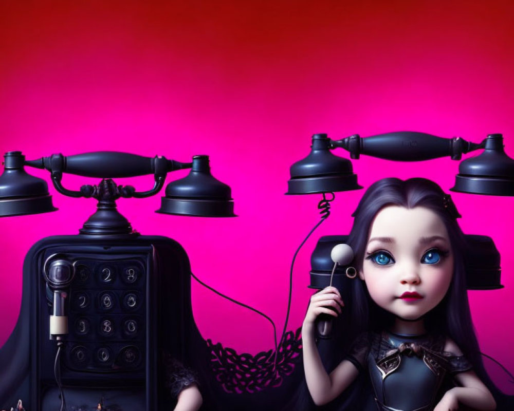 Animated girl with large eyes holding phone receiver surrounded by vintage telephones on magenta background