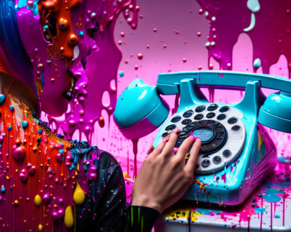 Colorful Paint Splatter Art: Woman with Retro Telephone in Vibrant Setting