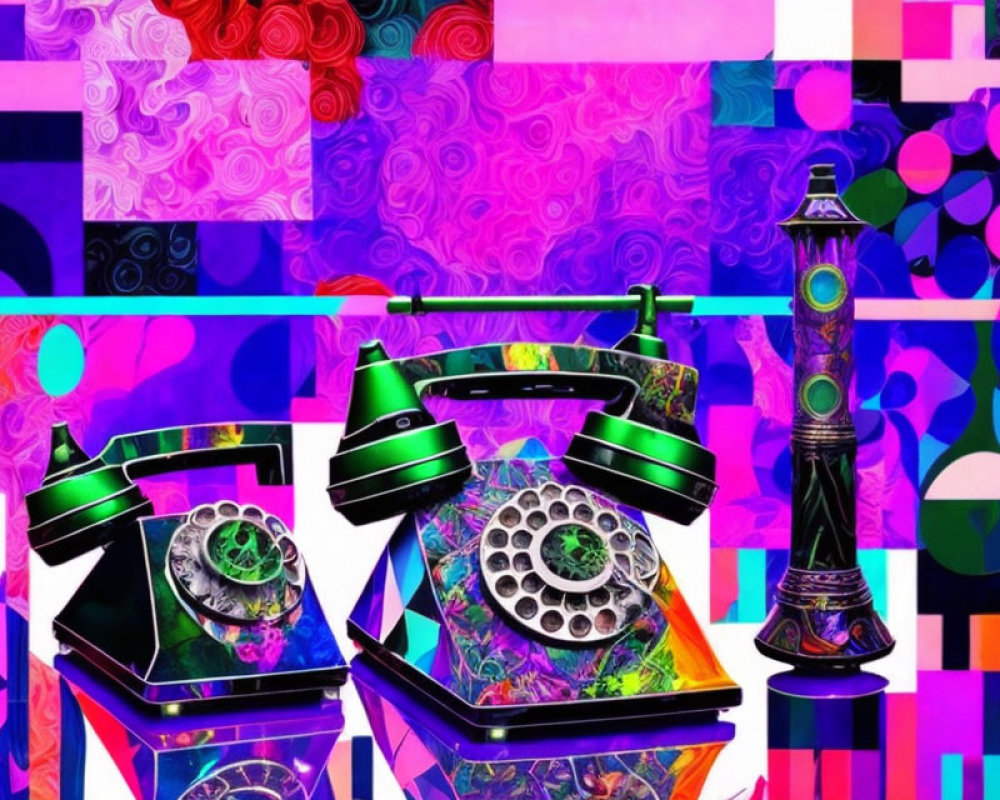 Colorful Digital Artwork: Rotary Telephones & Tower on Patchwork Background