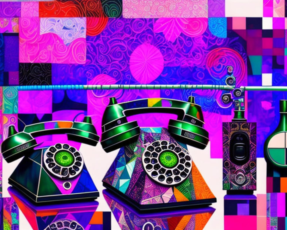 Vibrant digital collage of vintage rotary telephones with geometric patterns