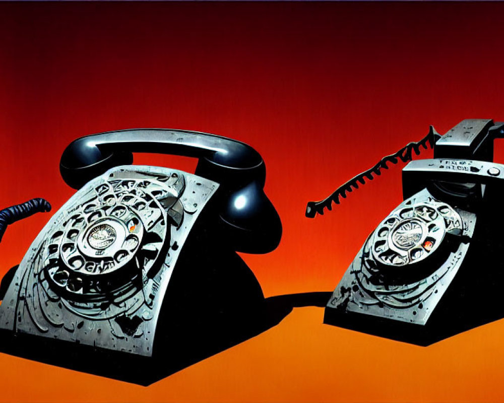 Vintage rotary dial telephones on orange-red gradient background