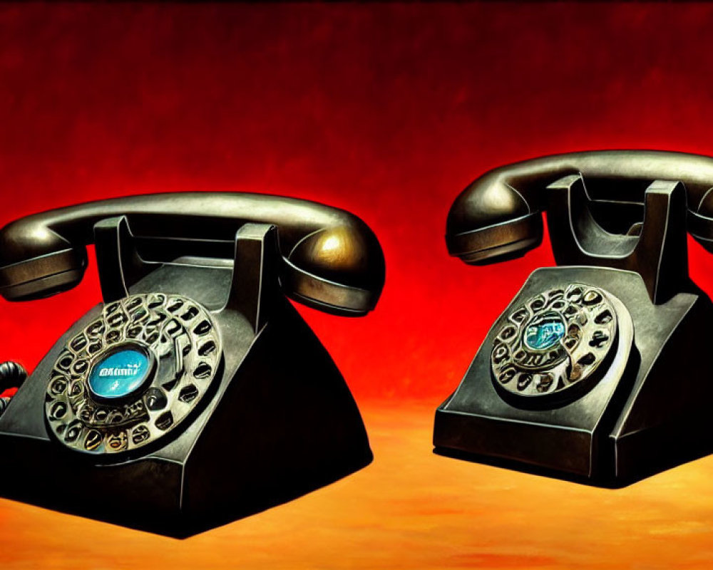 Vintage rotary dial telephones on red background, one with off-hook receiver