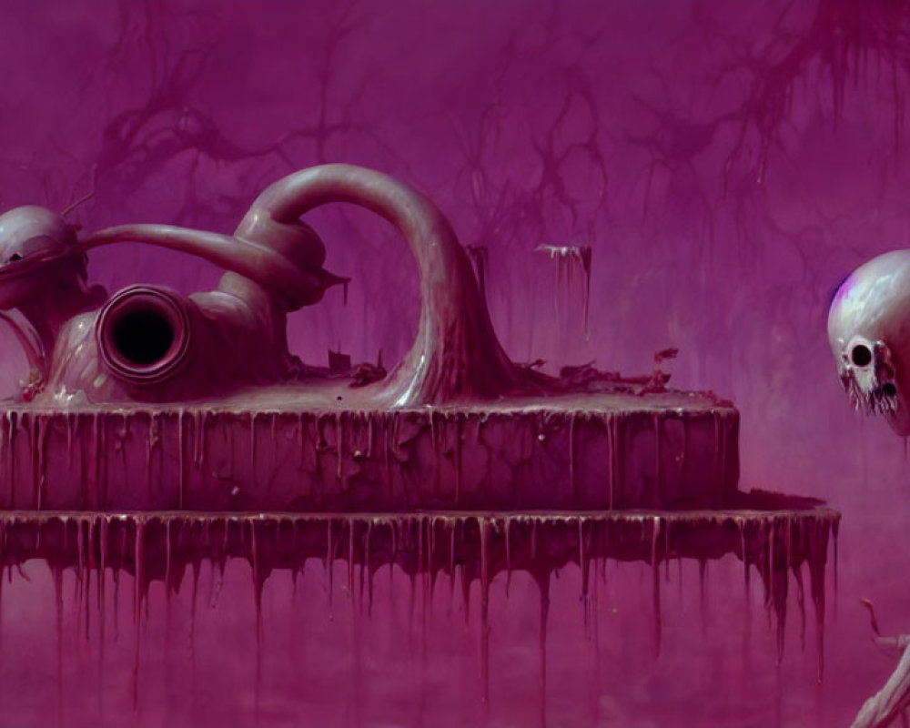 Surreal purple landscape with slimy creature and humanoid figure