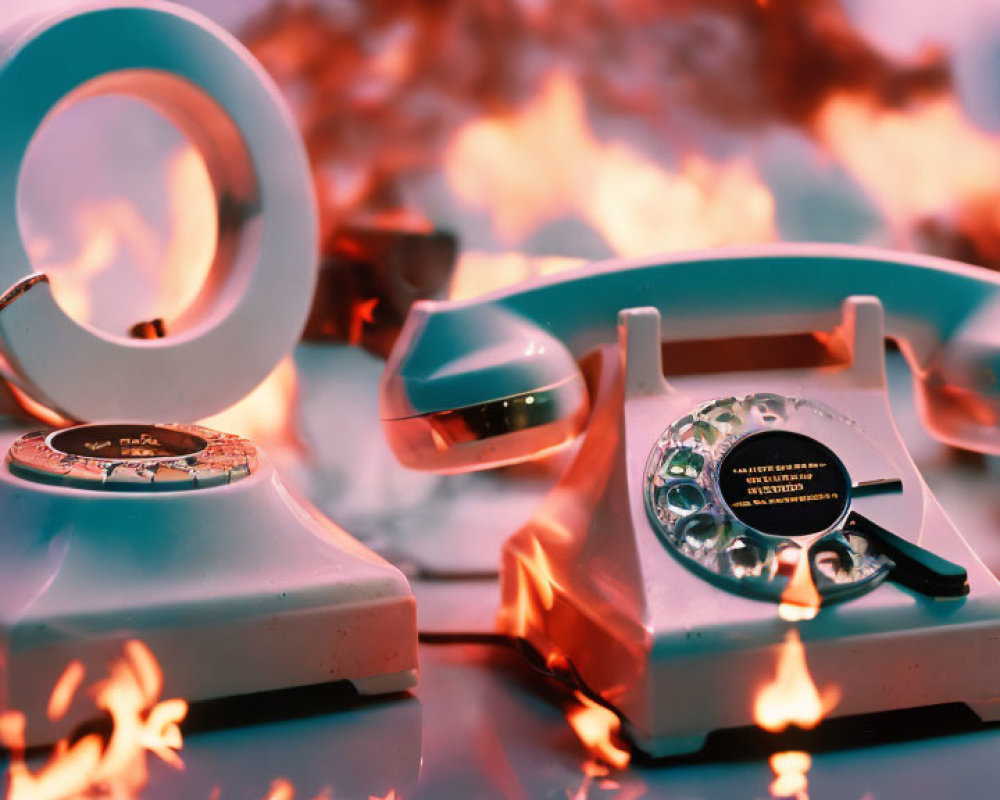 Vintage rotary phones engulfed in flames under surreal pink and blue lighting