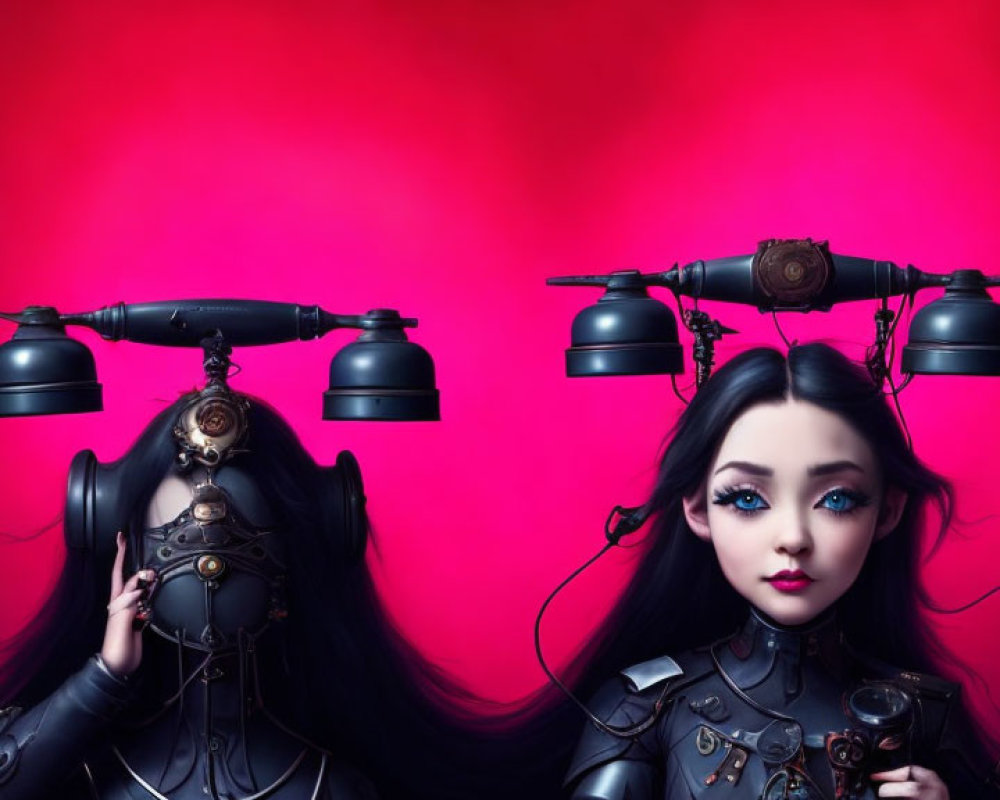 Stylized female characters with mechanical headpieces on vivid magenta background