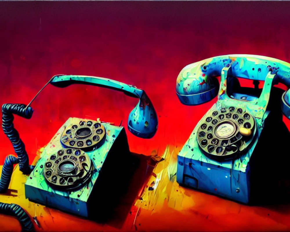 Vintage telephones with handsets off the hook in red and yellow hues