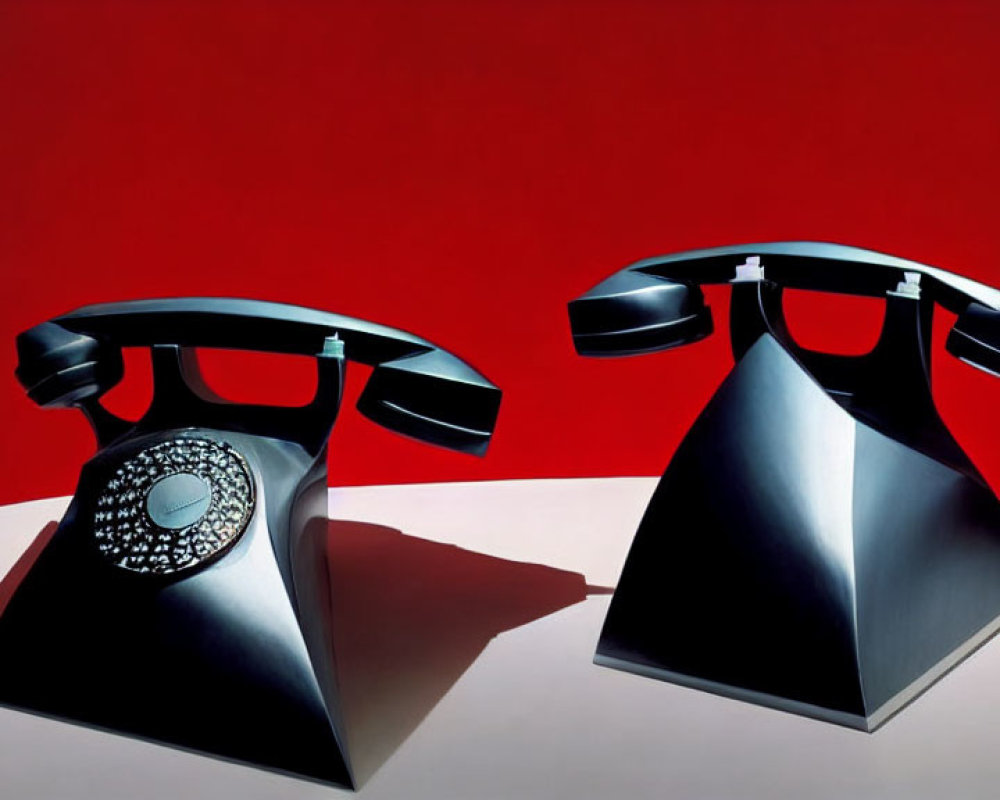 Vintage black rotary telephones with lifted handsets on red background