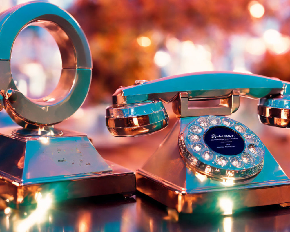 Vintage Turquoise Rotary Dial Telephone with Shiny Accents on Colorful Bokeh Background