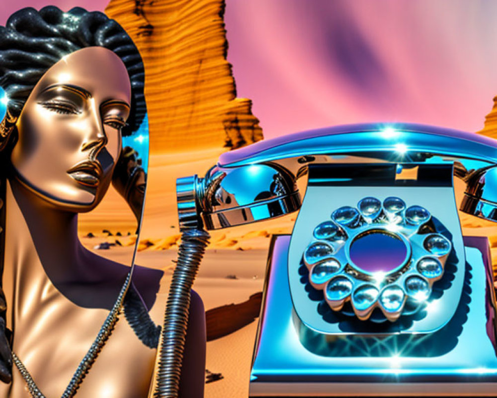 Surreal metallic mannequin head with Egyptian hairstyle by retro blue telephone in desert landscape