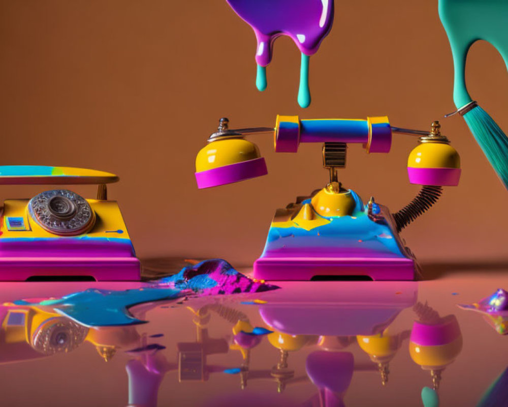 Colorful vintage rotary phone, lamp, and broom melting with dripping paint on reflective surface