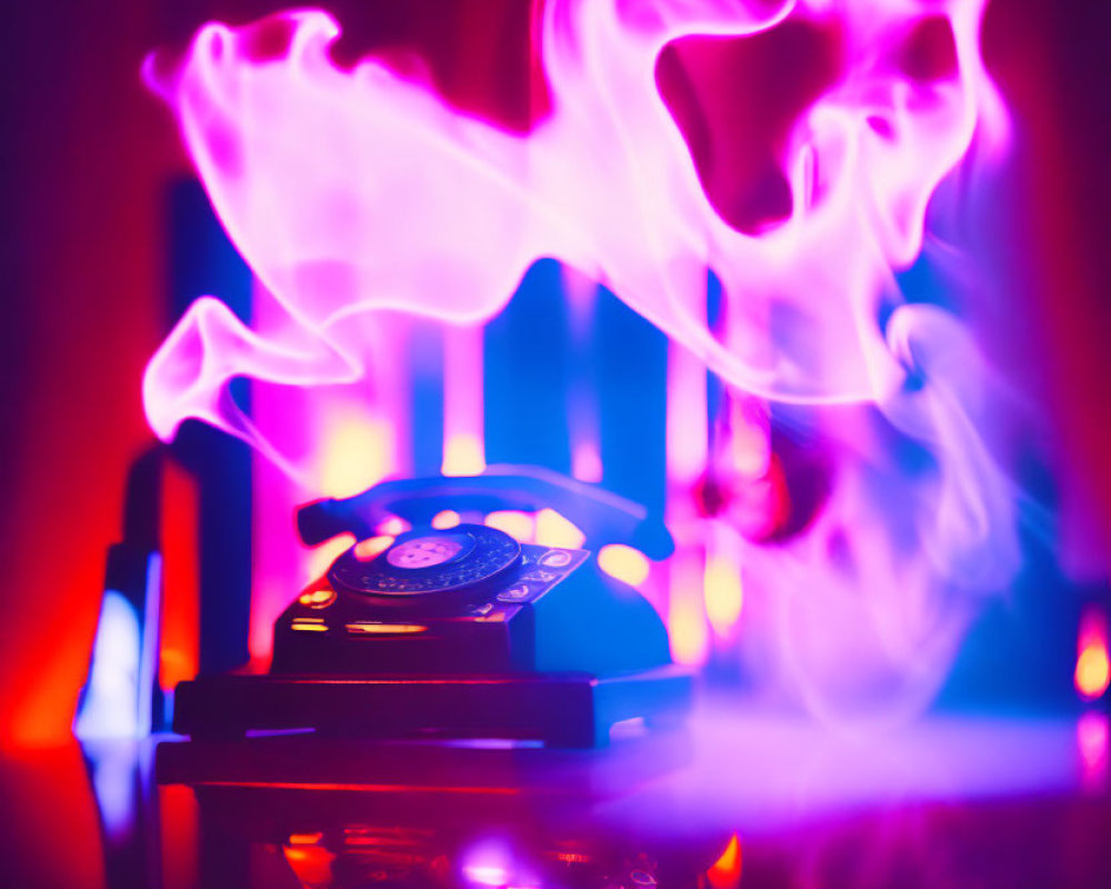 Vintage telephone surrounded by pink and purple flames on red and blue backdrop