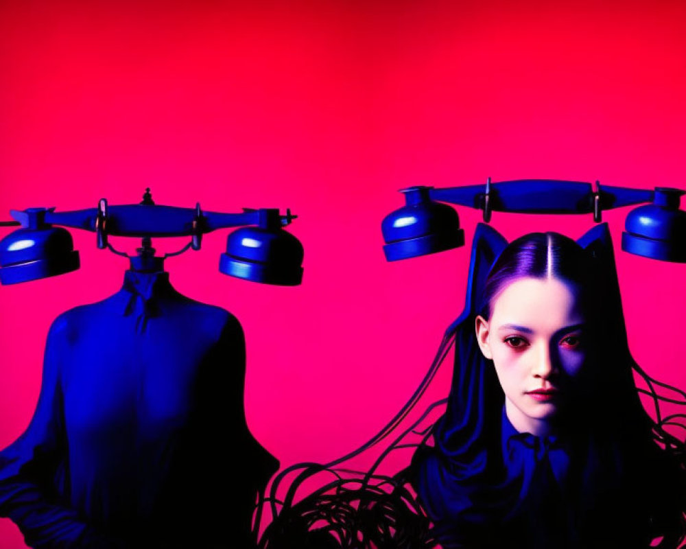 Woman with long hair beside mannequin under surreal vintage telephones on red background