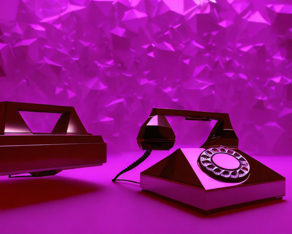 Vintage rotary telephone and abstract objects on geometric purple backdrop.