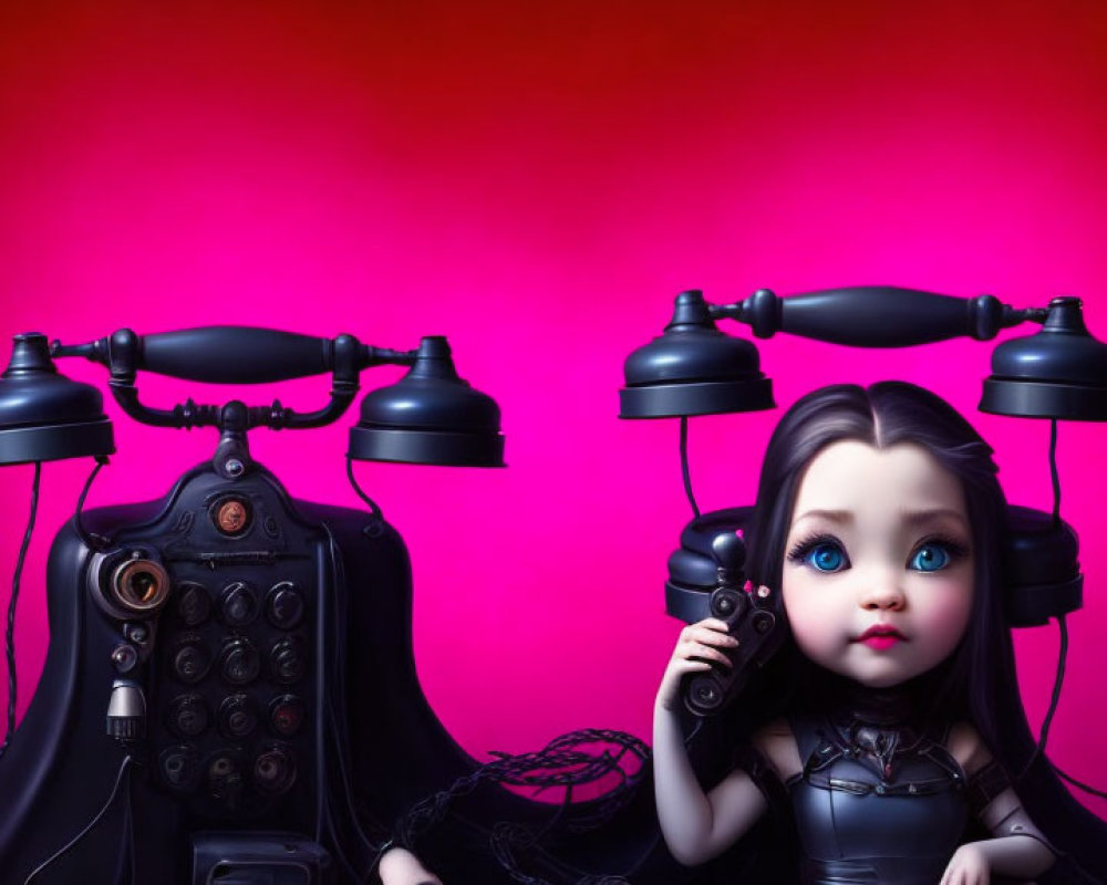 3D-rendered image of doll with blue eyes and vintage phones on pink background