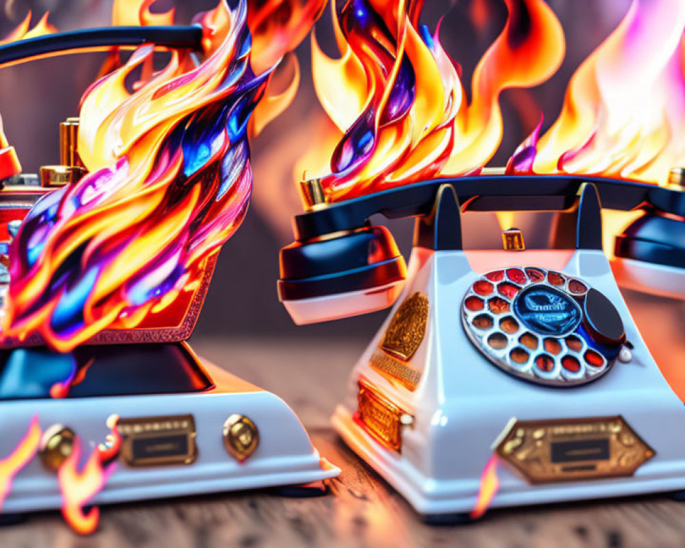 Vintage Telephones Engulfed in Flames on Wooden Surface