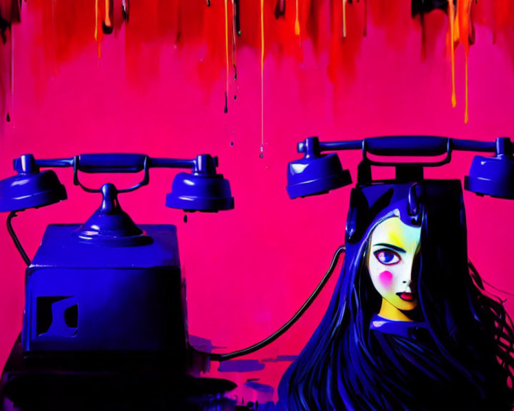 Cartoon-style girl with big eyes and vintage telephones on vibrant red background.