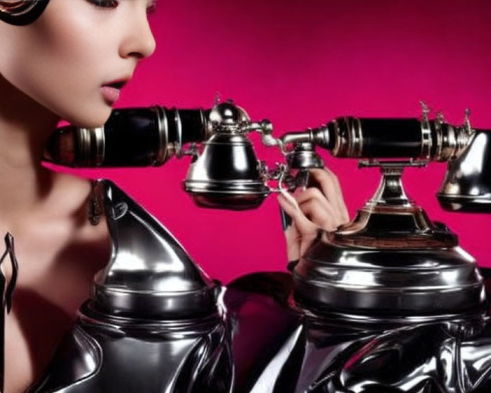 Person in Shiny Metallic Attire with Antique Telephone on Pink Background