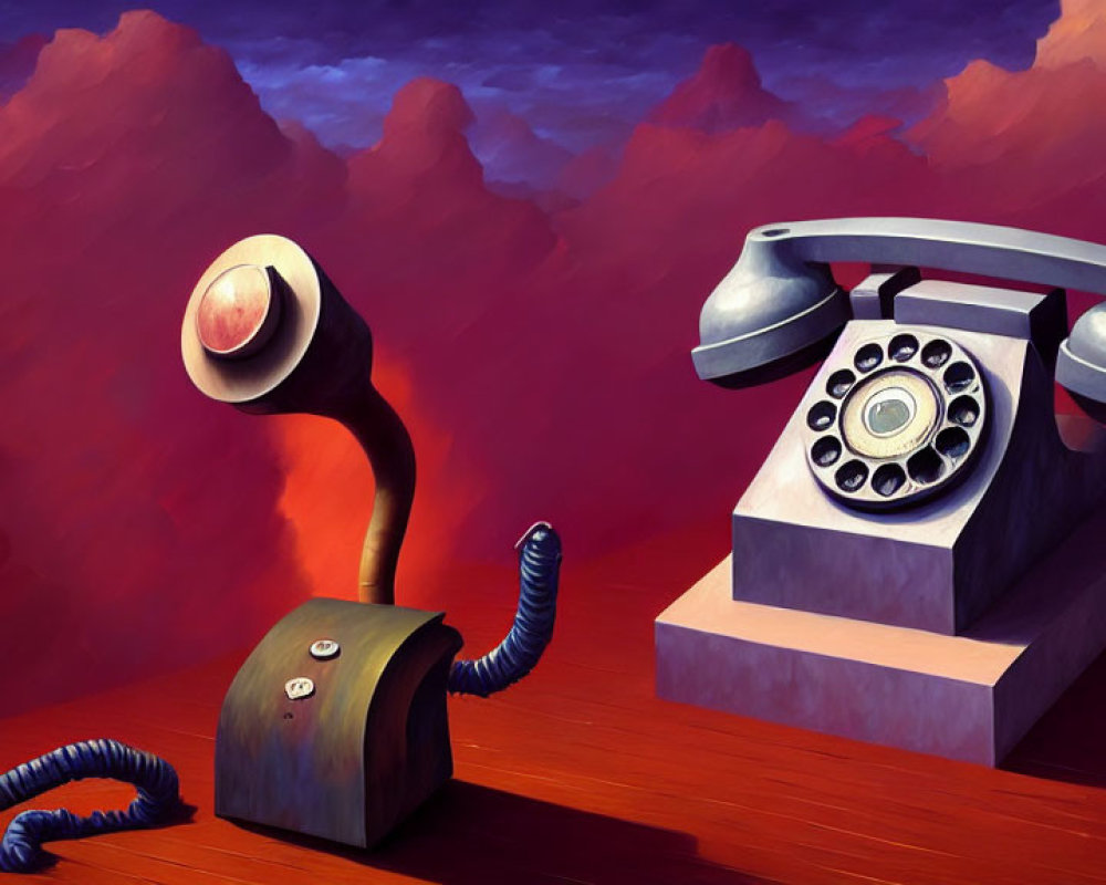 Surreal anthropomorphic phones on red landscape with purple mountains