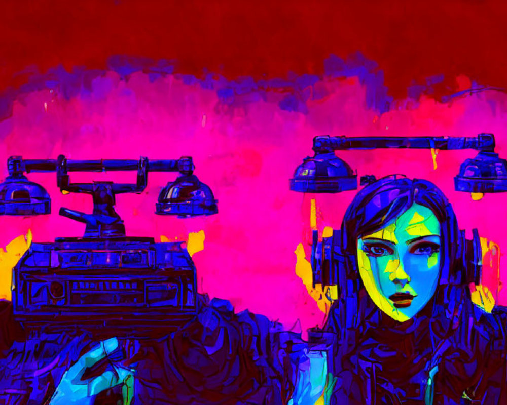 Colorful digital artwork: Woman with headphones and futuristic tech in neon pink & blue