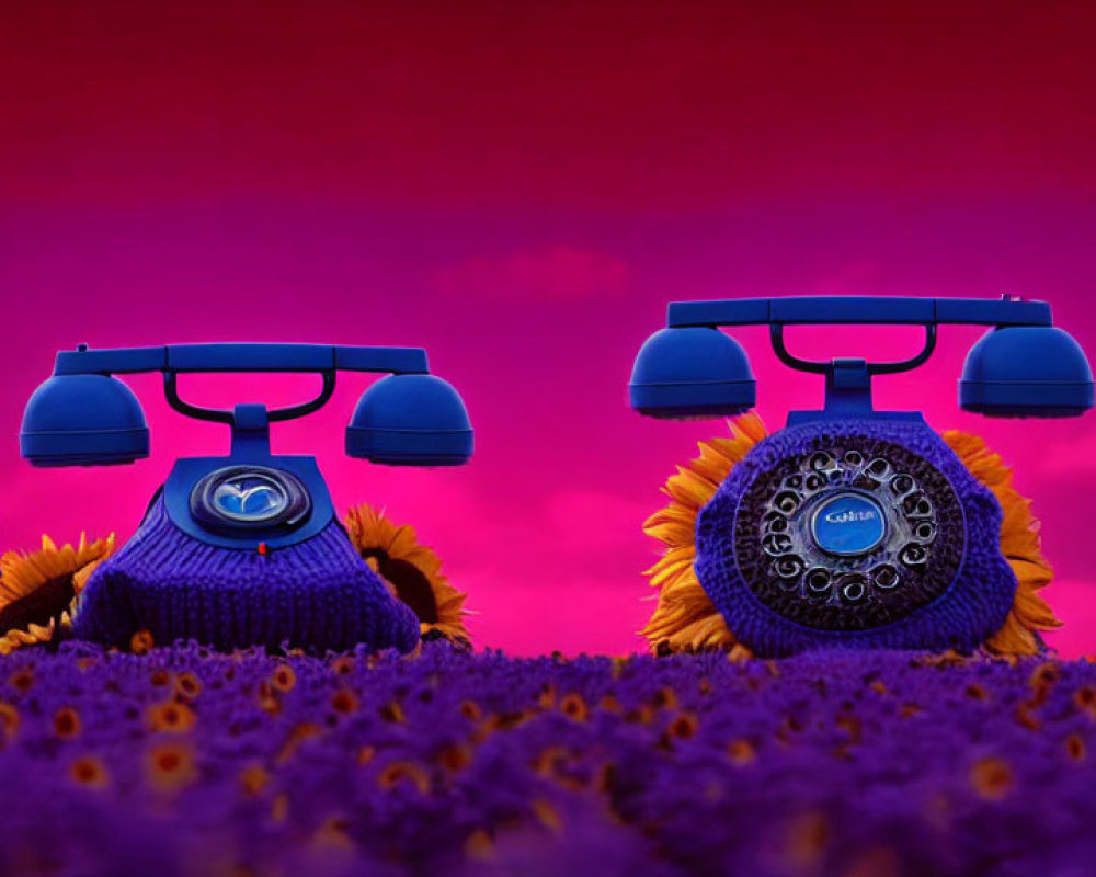 Vintage rotary telephones on sunflowers under purple sky.