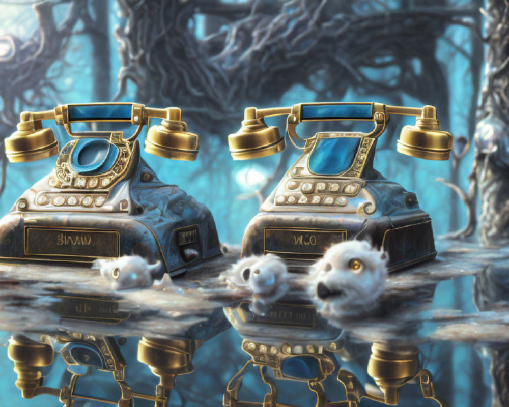 Antique Phones with Furry Creature Faces in Mirrored Forest