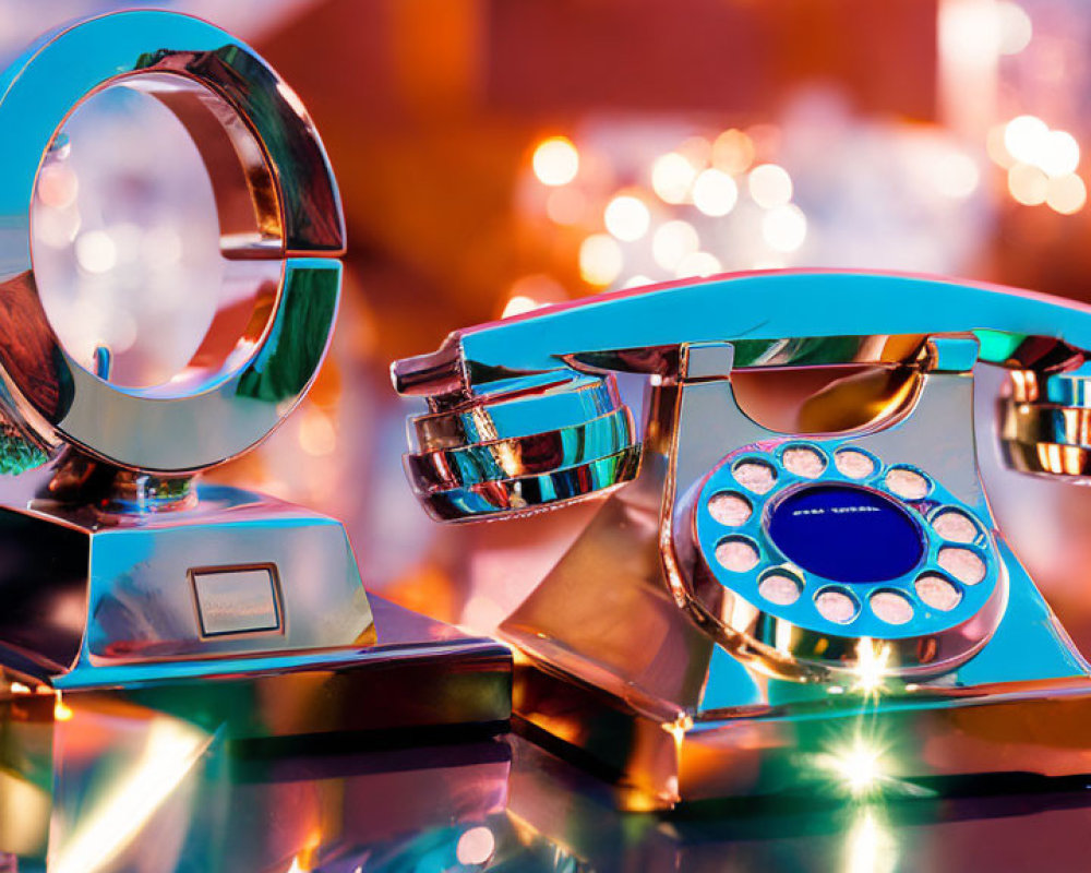 Vintage Metallic Blue Rotary Phone and Mirror with Sparkling Lights