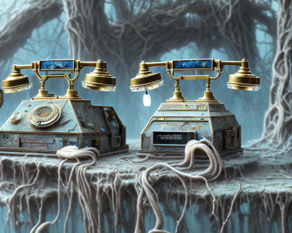 Vintage steampunk telephones in mystical forest setting