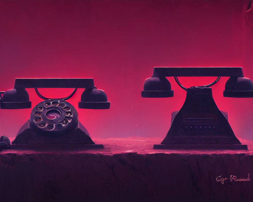 Vintage telephones on red backdrop with chasm between